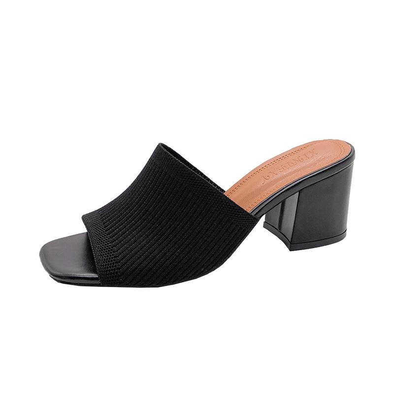 2024 Women's Fashion Chunky Heel Knit Wool Square Toe Sandals & Slippers