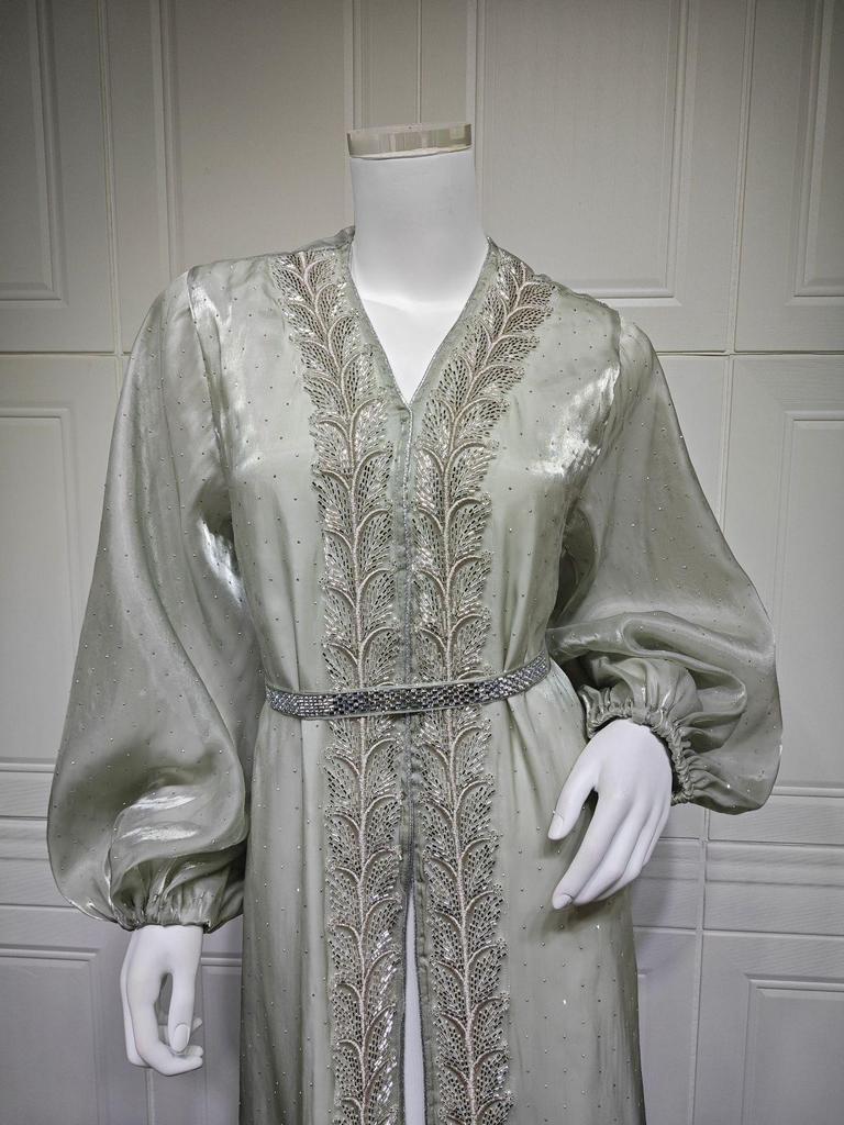 AB453 Puff Sleeve Cardigan: Elegant Long Dress & Robe Set with Hot Drill Accents