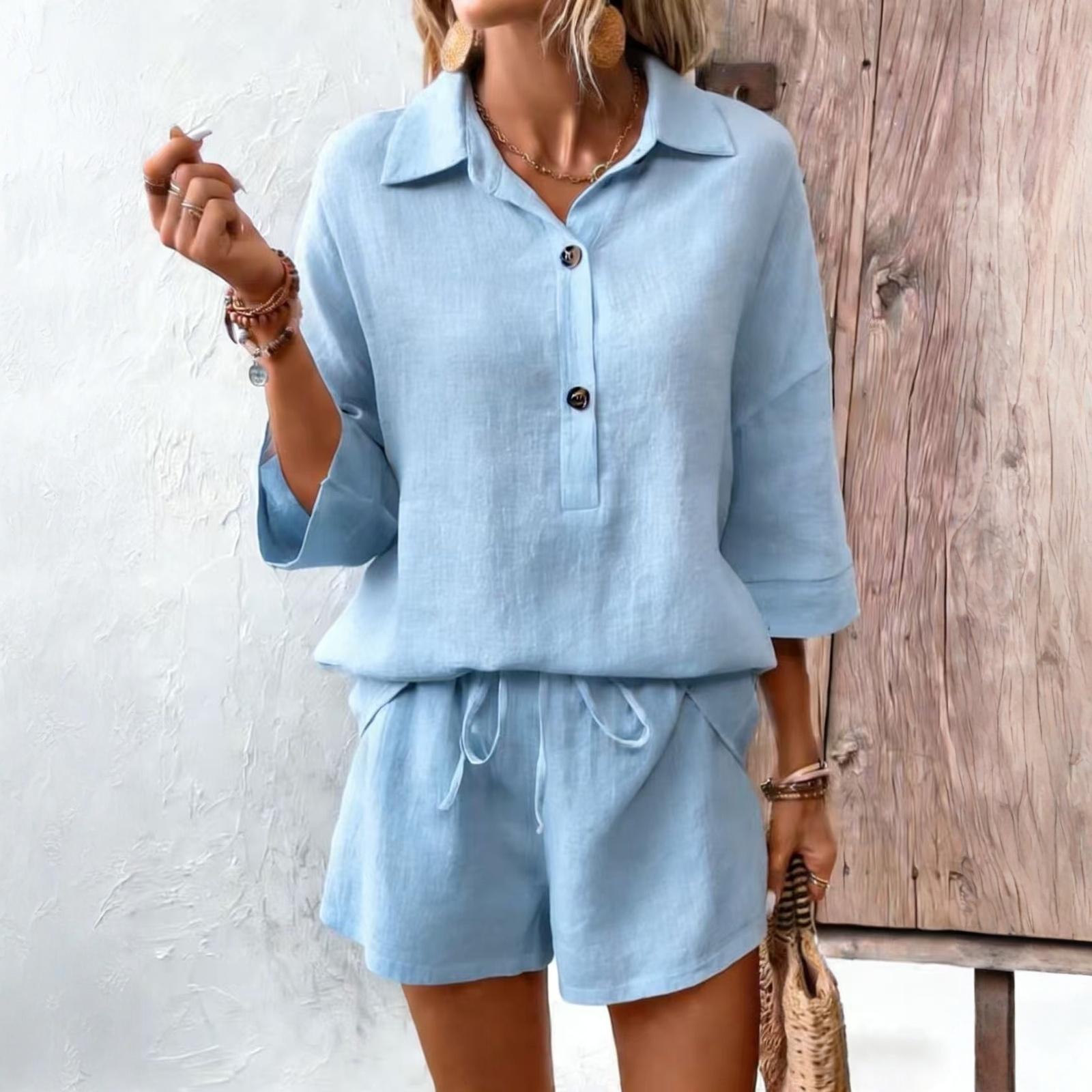 

Fashionable Women s Color Cotton And Linen Lapel Short Sleeved Slim Belt Shorts Casual Set XXL