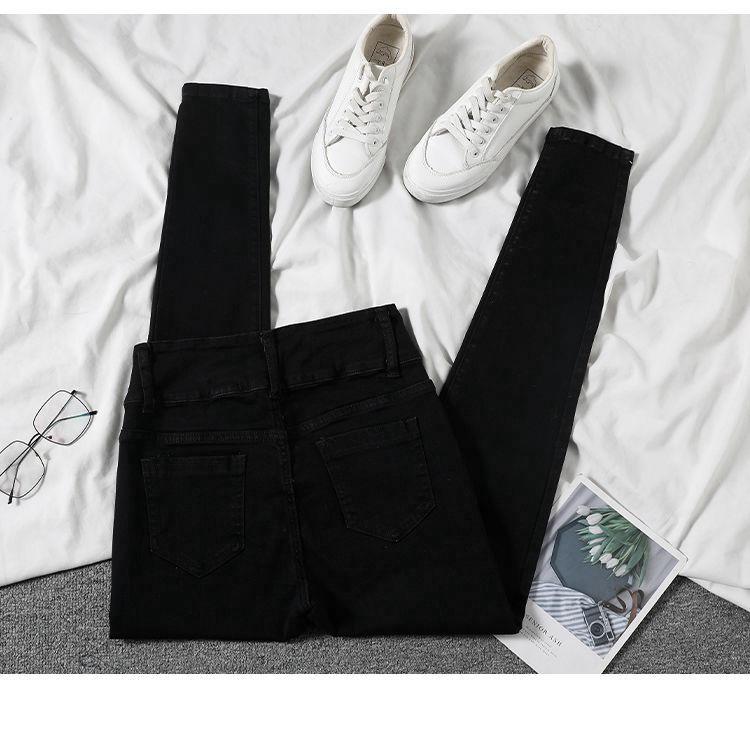 Women's High Waist Elastic Denim Skinny Pants - Double Button Pencil Style for Spring, Autumn, Winter