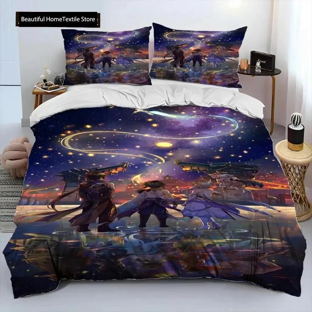 Anime Genshin Impact Hra Ložní souprava Chlapci Dívky Velikost Twin Queen Povlak na přikrývku Povlak na polštář Postel Děti Dospělí Domácí textil