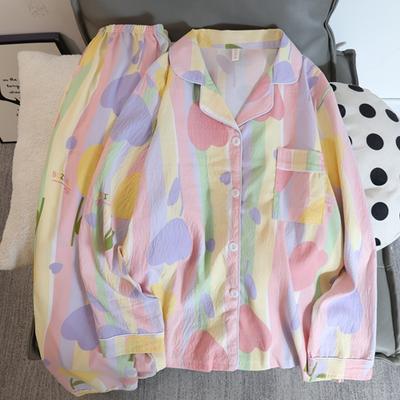 Herbst Baumwolle Damen Pyjama Set Knopfleiste Oberteil & Hose 2-teilig Nachtwäsche Langarm Niedliche Nachtwäsche Loungewear für Damen