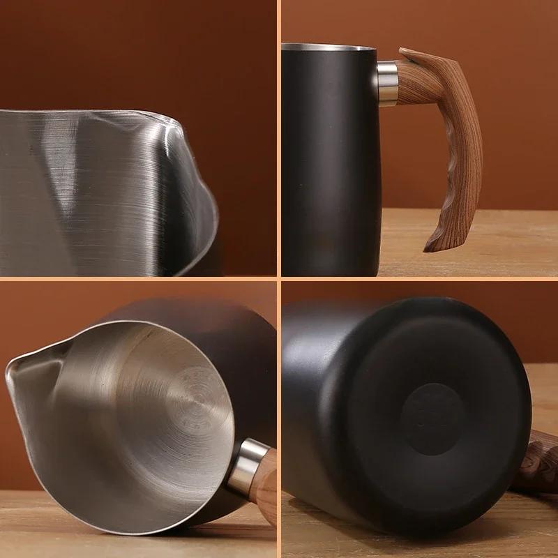 600/1000ML Milk Frothing Pitcher with Precise Scale Wooden Handle Dripless Spout Stainless Steel Latte Coffee Cup Coffeeware