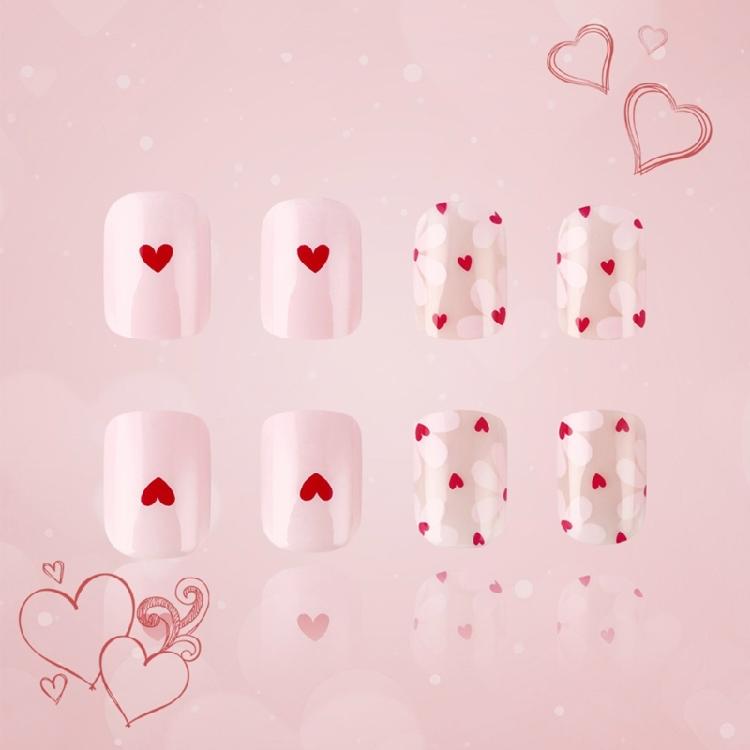 24 Pcs Short False Nail Love Heart Full Cover Stick on Nail Valentines Day Artificial Nail Press On Nail for Women