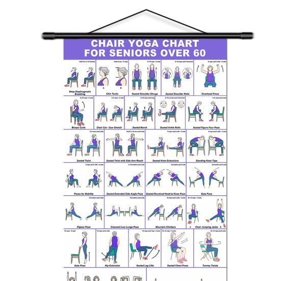 Chair Yoga Wall Chart, Canvas Poster with Hanging Rod And Rope, Chair Yoga Chart for Seniors Beginners Home Stretching Mobility Guide
