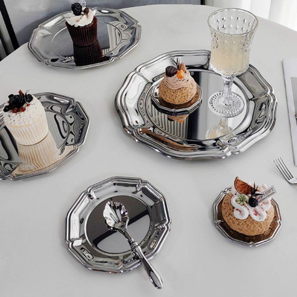 Modern Style Mirror Finish Stainless Steel Serving Tray Silver Brushed Back Decorative Tray Round Snack Dish Coffee Table