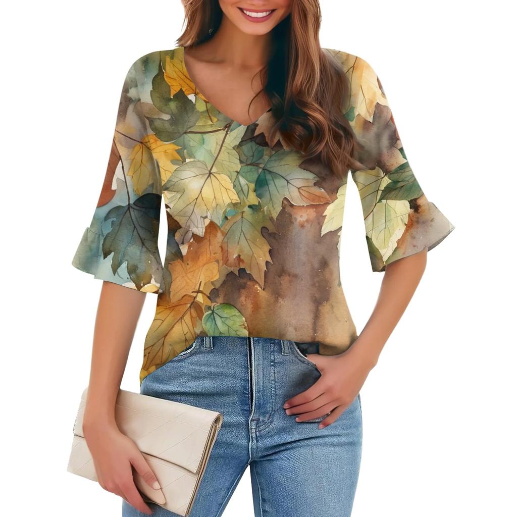 Damen Casual Fashion V-Ausschnitt Pullover Lose Pendeln Floral Fünf-Punkt-Ärmel T-Shirt Top