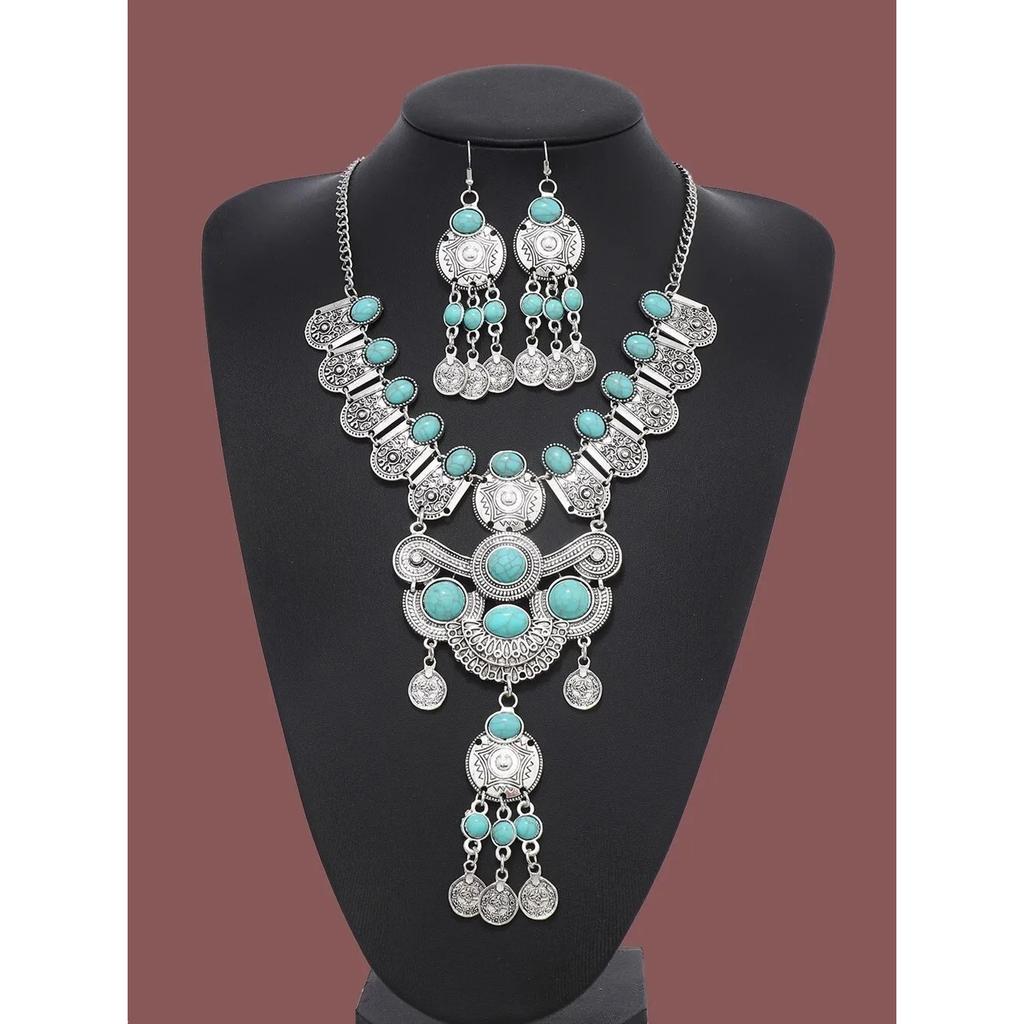 Western Jewelry Set Ethnic Vintage Imitation Turquoise Coin Tassel Necklace Earrings for Women Party Accessories