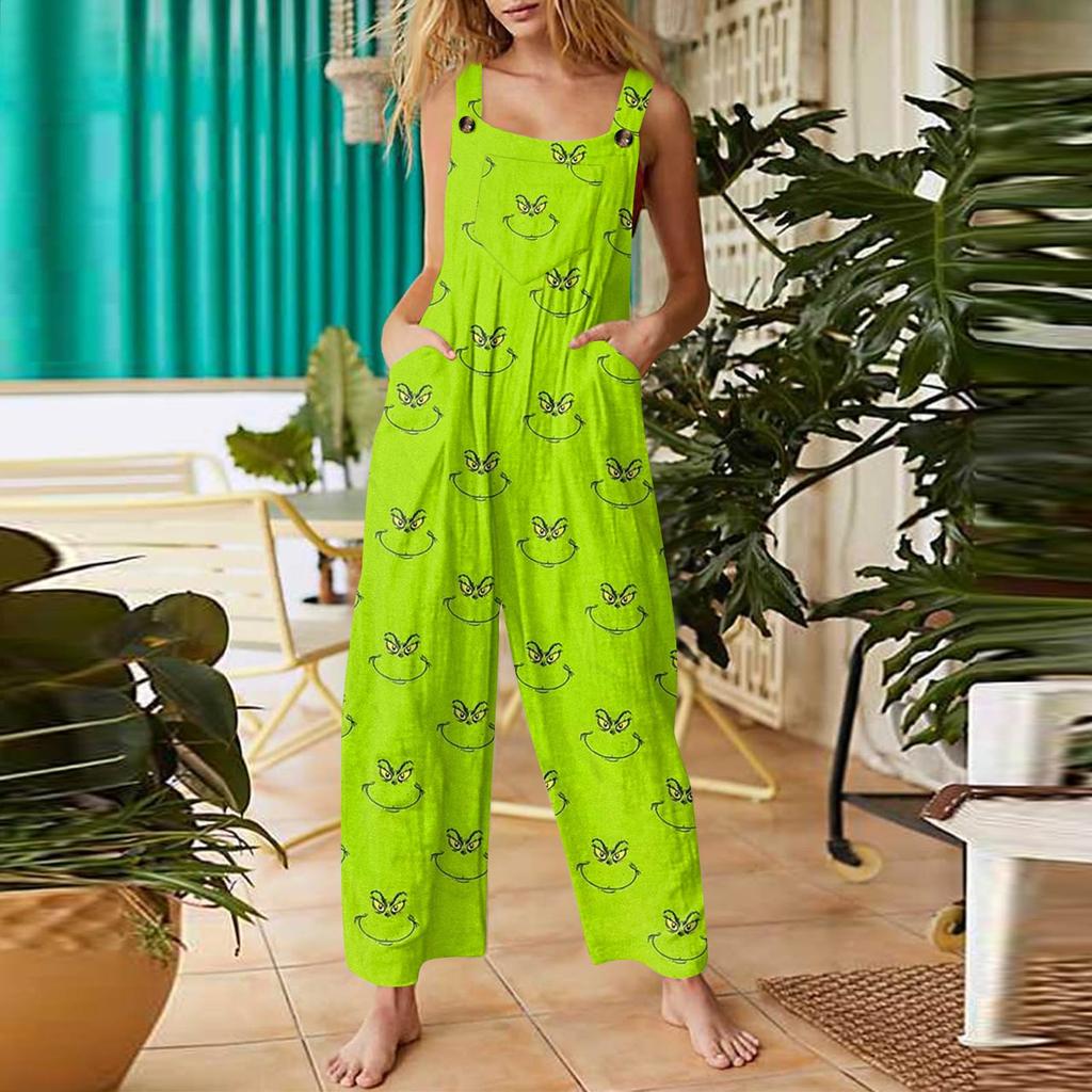 Women's Fashion Christmas  Print Casual Retro Sleeveless Button Jumpsuit