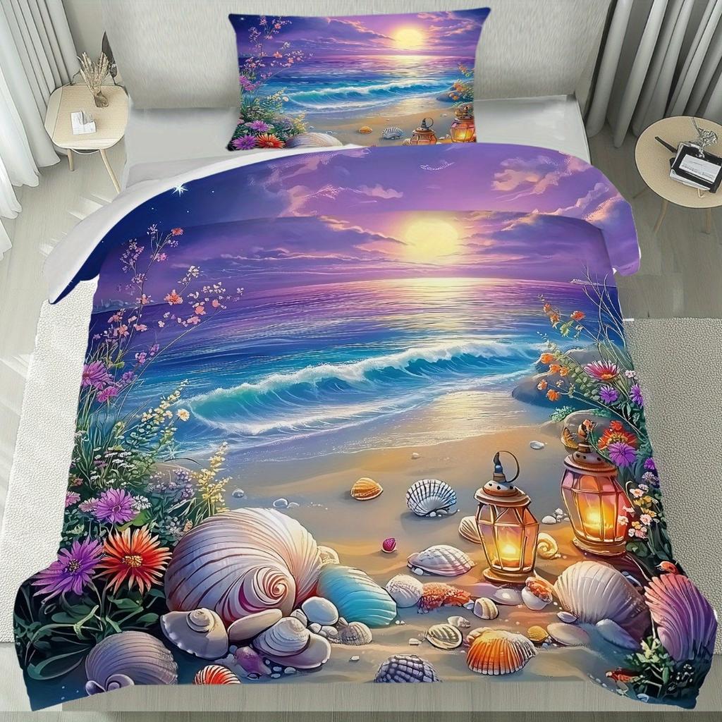 3pcs Purple Sky Seaside Beach Shell 3D Print Bedding Set Cozy Duvet Cover King Queen Twin Size Birthday Gift Bedroom Decoration