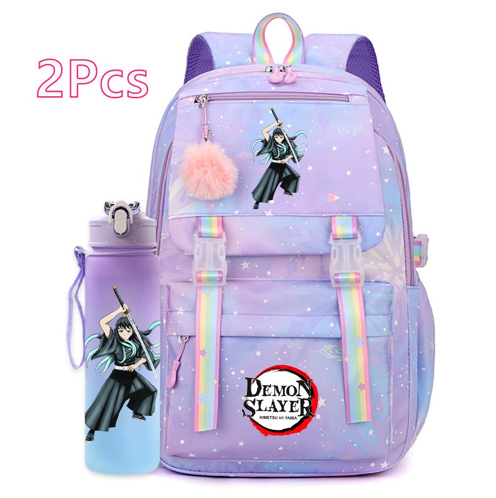 2Pcs/set Cartoon Demon Slayer Printed Backpack with 750Ml Water Bottler for Teenager Girl Boy Large Capacity Waterproof Bookbag Travel Bag Gift