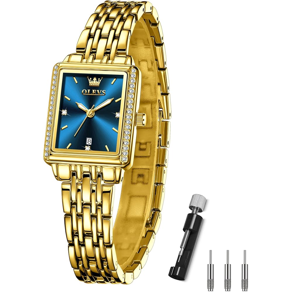 OLEVS Ladies Square Gold Watch Waterproof Quartz Analog Business Wristwatch with Blue Dial and Metal Band