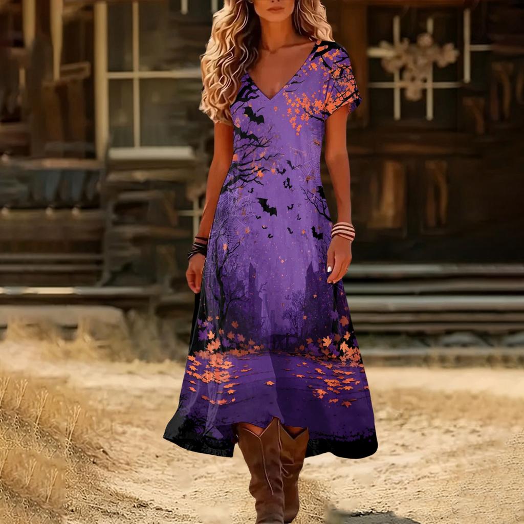 Womens Summer V Neck Short Sleeve Vintage Halloween Print Beach Dress Casual Loose Fit Holiday Maxi Dress