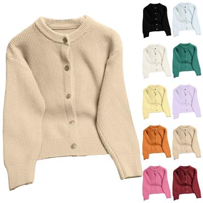 Women's Fashion Solid Color Cropped Knitted Cardigan Round Neck Street Style Slim Fit Sweater