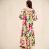 French romantic big flower print square neck bubble sleeve exquisite dress loose and thin holiday style big swing dress