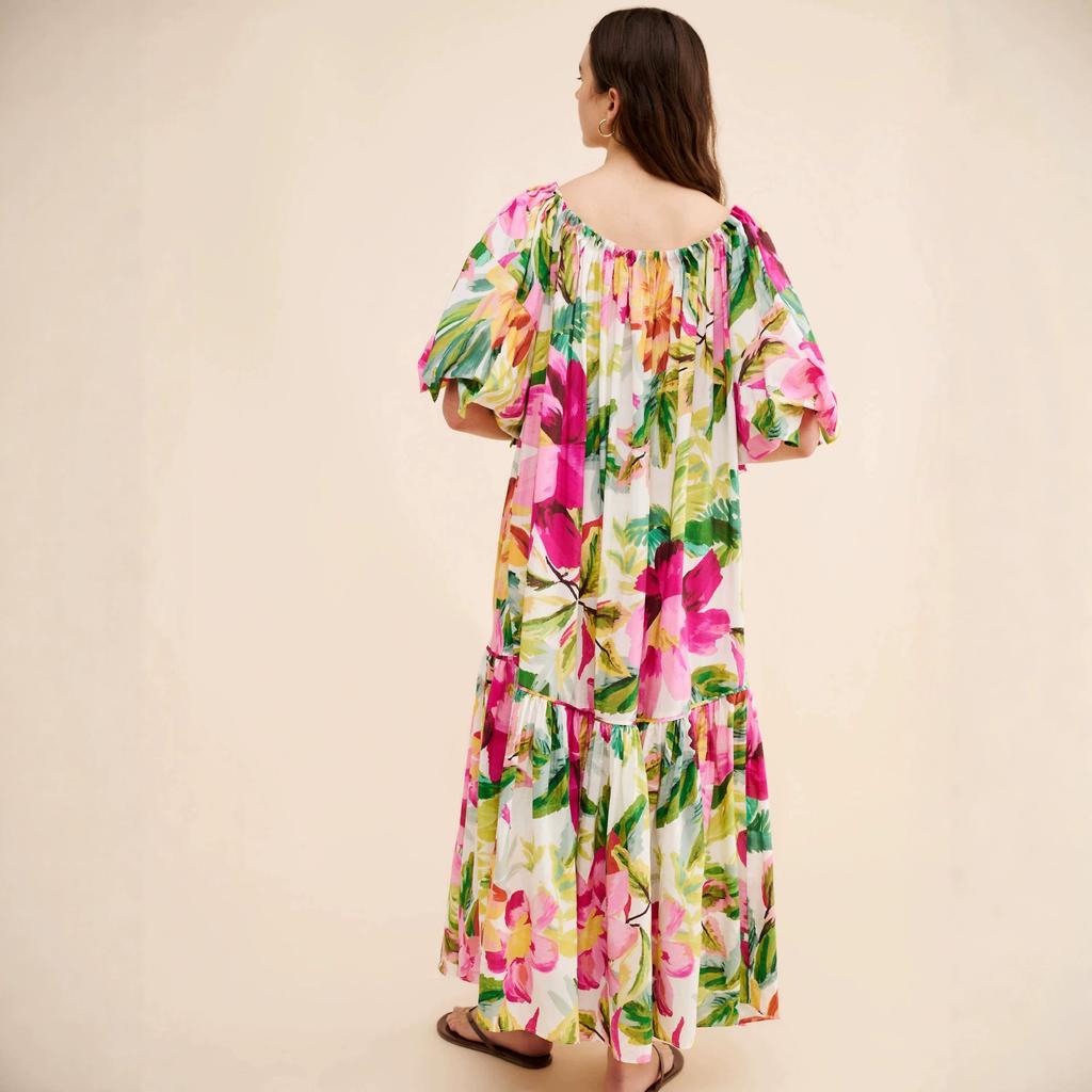 French romantic big flower print square neck bubble sleeve exquisite dress loose and thin holiday style big swing dress