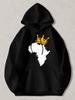 Black Pullover Hoodie with White Africa Map and Golden Crown Graphic Unisex Casual Sweatshirt with Kangaroo Pocket for Daily Wear