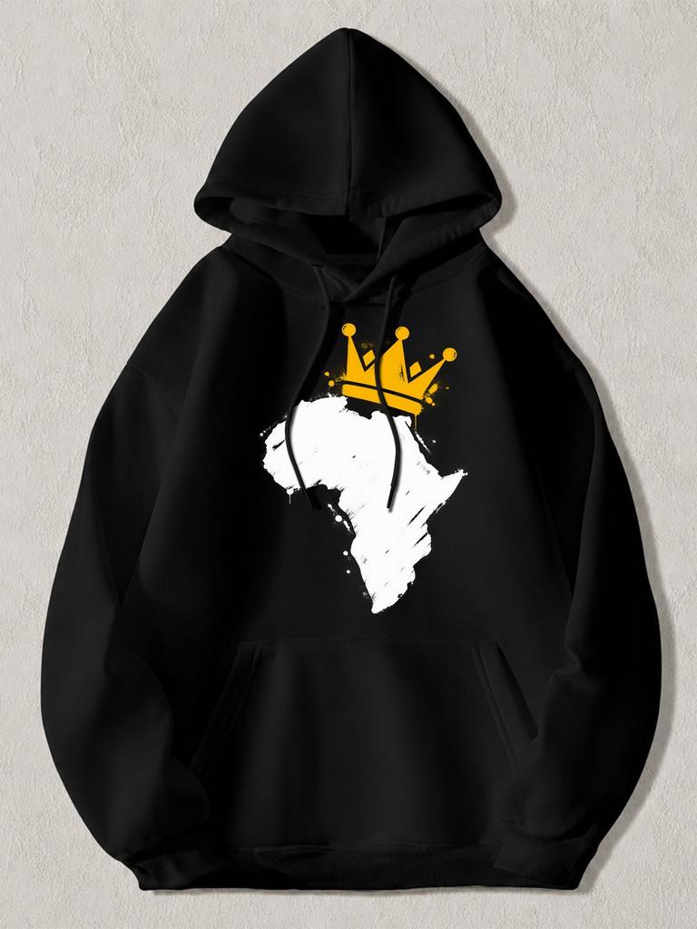 Black Pullover Hoodie with White Africa Map and Golden Crown Graphic Unisex Casual Sweatshirt with Kangaroo Pocket for Daily Wear