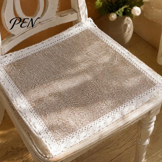 Durable Kitchen Chair Pad Cotton Linen with Ties, Square Summer Seat Lace Rattan Trim, 15.75" X Breathable Washable Mat for Dining Office Protective