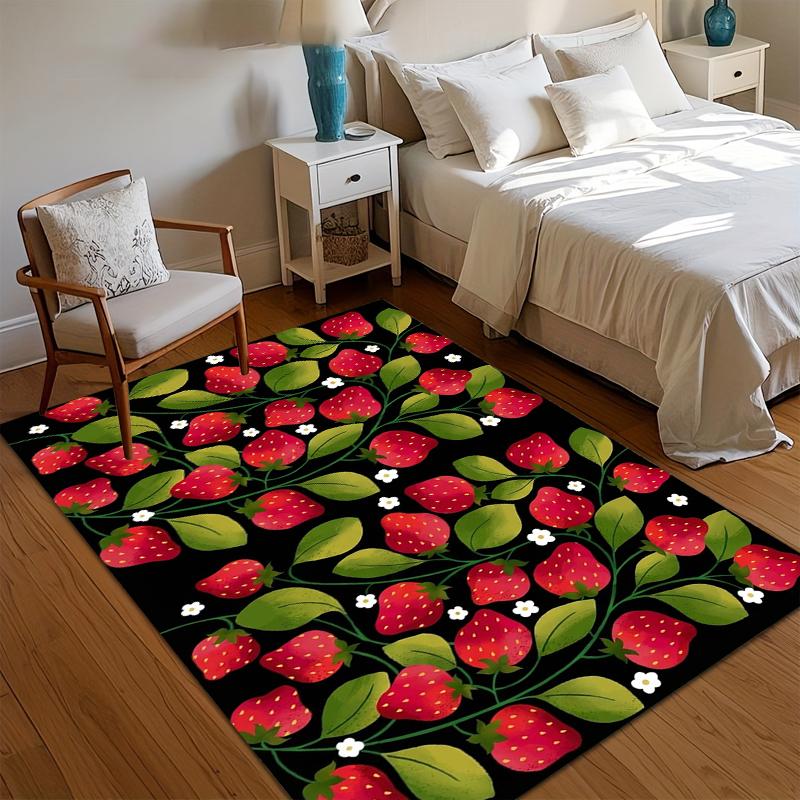 Cute Strawberry Floral Black Area Rug Non Slip Soft Floor Carpet for Living Room Bedroom Kids Room Playful Fruit Decor