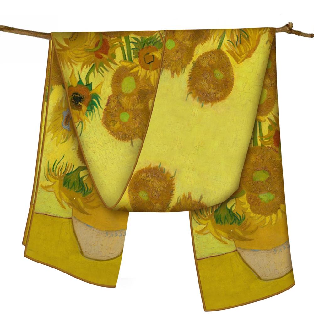 POBING Twill Silk Scarf Women Poncho Hand Rolled Luxury Oil Painting Long Scarves Wraps Bandana Big Shawl Hijabs Female Foulard