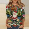 Women's Fashionable Casual Three Quarter Sleeve Christmas Printed Round Neck Top