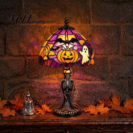 Seasonal Bedroom Decor Halloween Pumpkin Bat Table Lamp, Stained Glass Reading Light, Gothic Festive Accent Cozy Nightstand Light for Bookshelf,