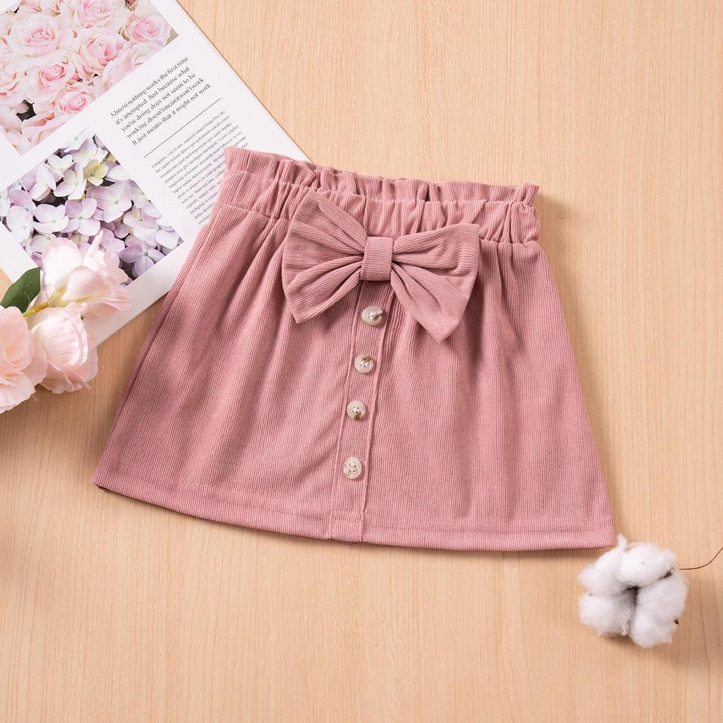 2024 Spring/Autumn Girls' Corduroy Bow Skirt - Solid Color, Single-Breasted, Fashionable.