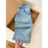 Damen High Waist Weite Beine Hose Locker Gerades Bein Strass Nieten Jeans Uni Helle Waschung Non Stretch Denim Lang Lässig Sommer Hose