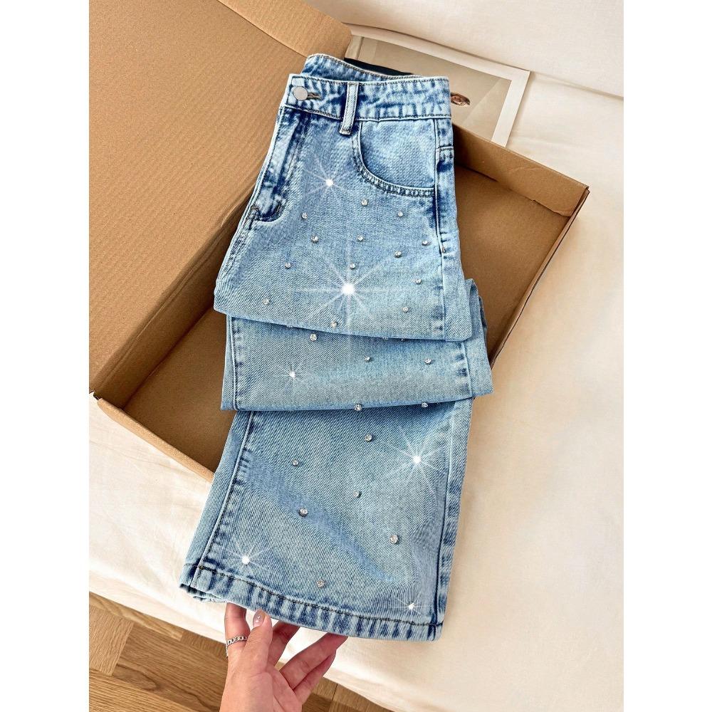 Damen High Waist Weite Beine Hose Locker Gerades Bein Strass Nieten Jeans Uni Helle Waschung Non Stretch Denim Lang Lässig Sommer Hose