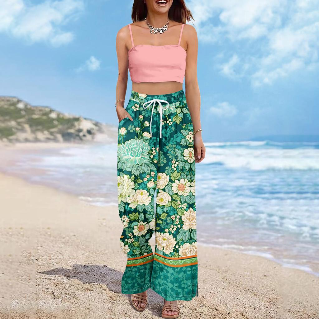 Dames zomer boho palazzo broek met hoge taille, wijde pijpen en bloemenprint, casual broek met zakken