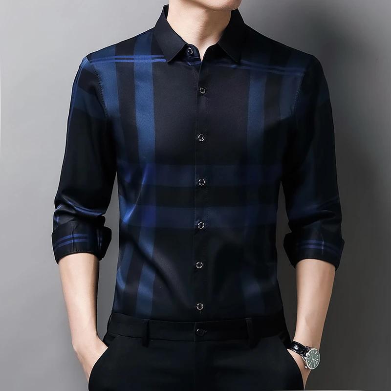 New Men's Casual Printed Long Sleeved Lapel Shirt for Spring and Autumn Fashion Comfortable Wrinkle Free Top Without Ironing
