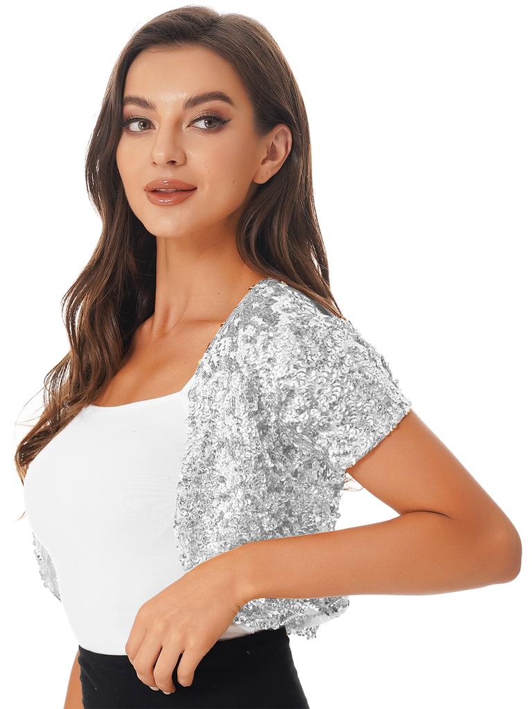 Women Sequin Cropped Jacket Glitter Waistcoat Cardigan Style Shiny Outerwear Stage Performance Costume Top