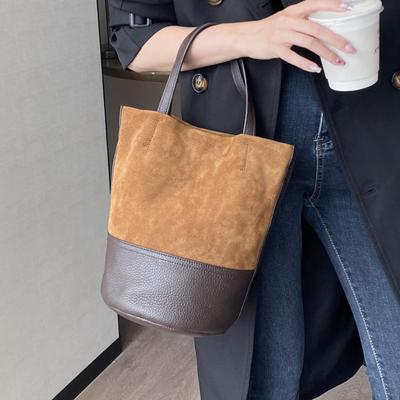 Cowhide Women's Bags, One-shoulder Crossbody Women's Bags, Fashionable Contrasting Colors, Large-capacity Frosted Leather Bucket Bags