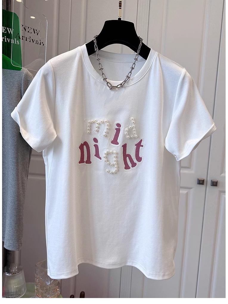 220g Trendy Brand Cotton Extra Large Beaded Embroidered Round Neck Loose Short Sleeve T-Shirt