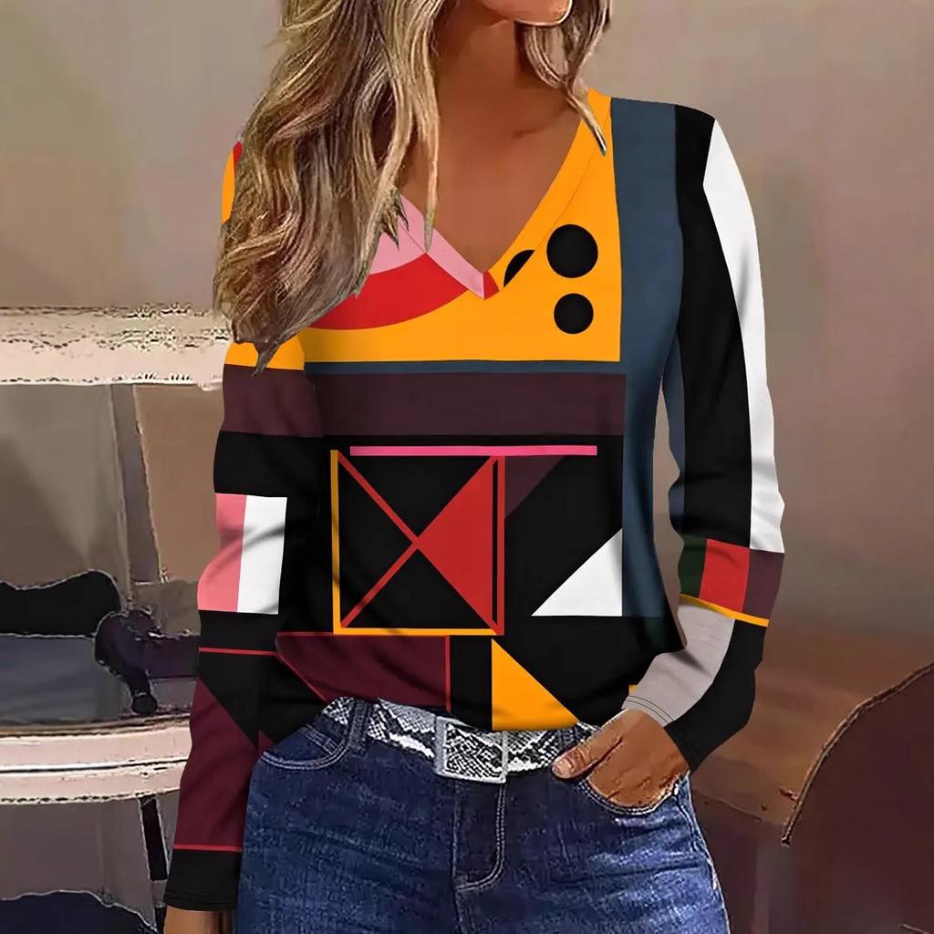 Art Graffiti Printed V-neck Top Women's Personalized Long Sleeve Fashion T-shirts