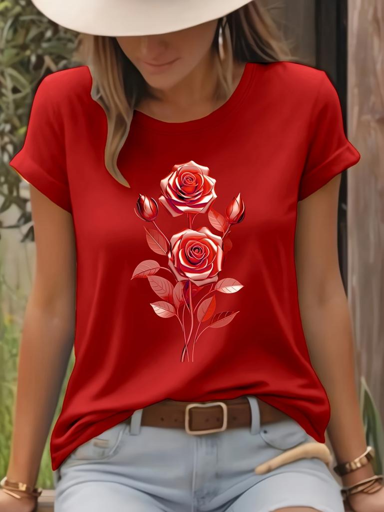 Fashion Women Rose Printed T-Shirt O-Neck Short Sleeve T-Shirt Simple Design Versatile Daily Wear Elegant Style Women Clothing