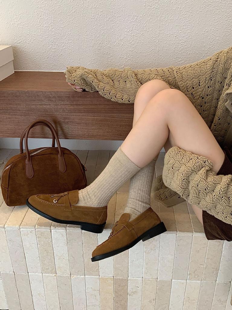 Korean version of round head metal buckle thick heel deep mouth single shoes women's 2025 new spring and autumn suede versatile loafers