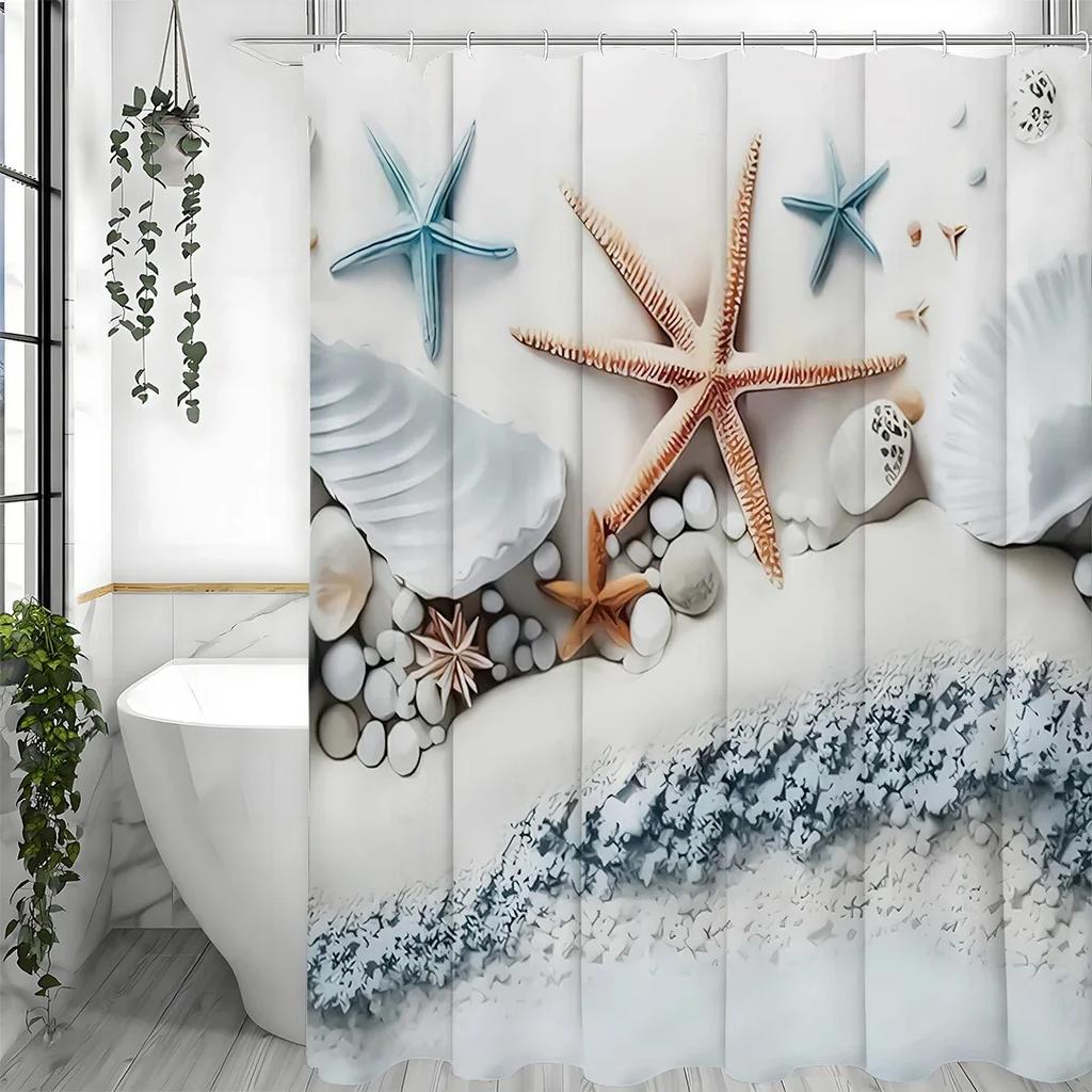 YXBeach Starfish Shell Shower Curtain, Bathroom Decorative Shower Curtain, Waterproof Shower Curtain with Hooks