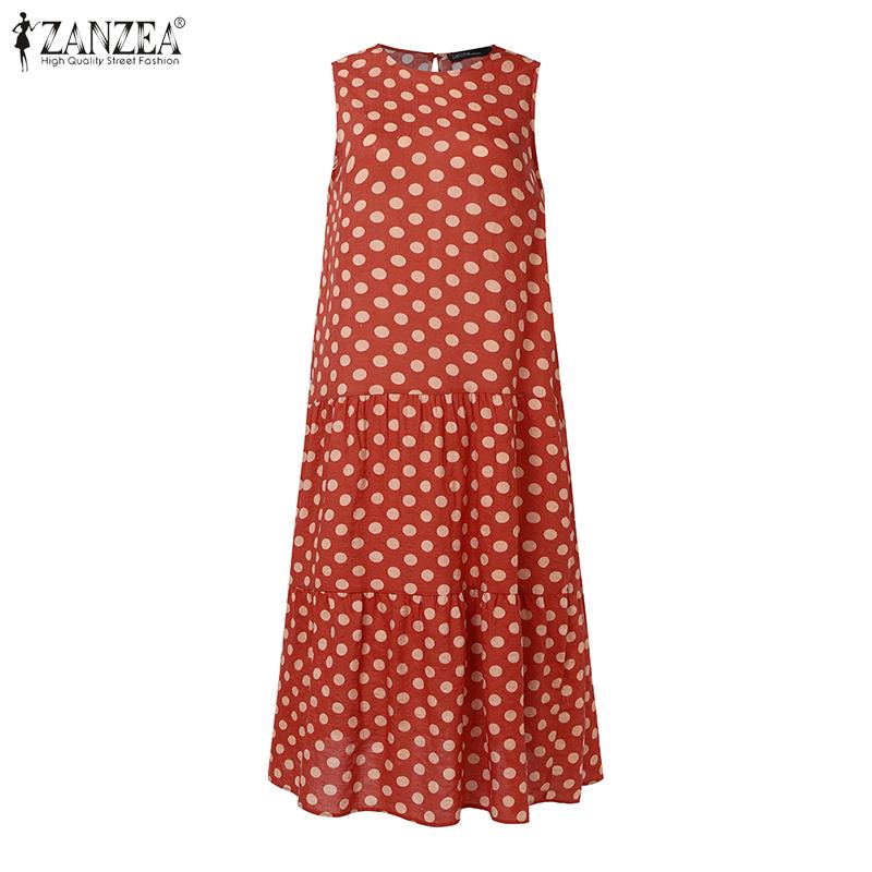 ZANZEA Women Casual O-neck Sleeveless Polka Dot Print Long Dress