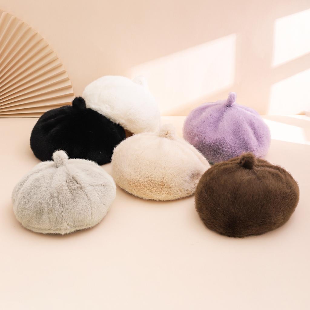 Autumn and winter imitation mink octagonal beret with top, cute lady, pumpkin hat, plush warm painter hat