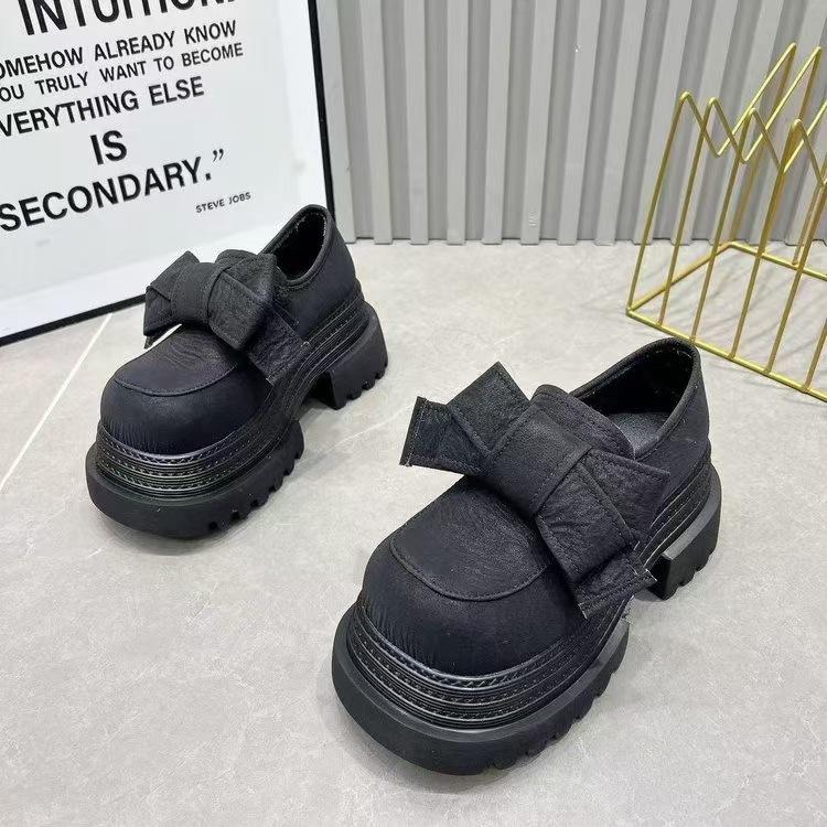 European spring bow platform muffin small leather shoes casual shoes small height increase single shoes women