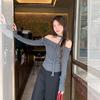 Black and Gray Striped Contrasting Colors One-word Shoulder Exposed Collarbone Long-sleeved T-shirt Women's Early Autumn Irregular Streamer 