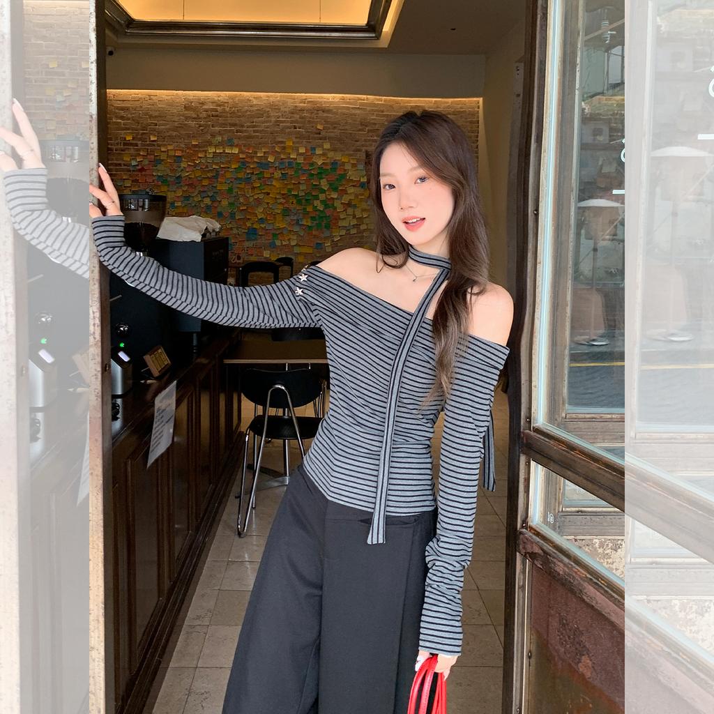 Black and Gray Striped Contrasting Colors One-word Shoulder Exposed Collarbone Long-sleeved T-shirt Women's Early Autumn Irregular Streamer