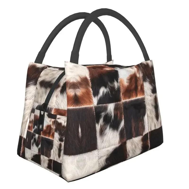 Scottish Highland Cow Cowhide Texture Thermal Insulated Lunch Bag Animal Hide Leather Lunch Container for Picnic Meal Food Box