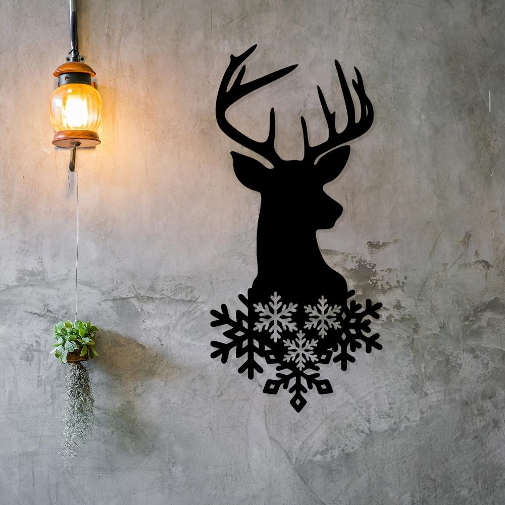 Deer Head Snowflakes Metal Wall Art Wildlife Winter Decor Rust Resistant Sculpture Christmas New Year Gift Home