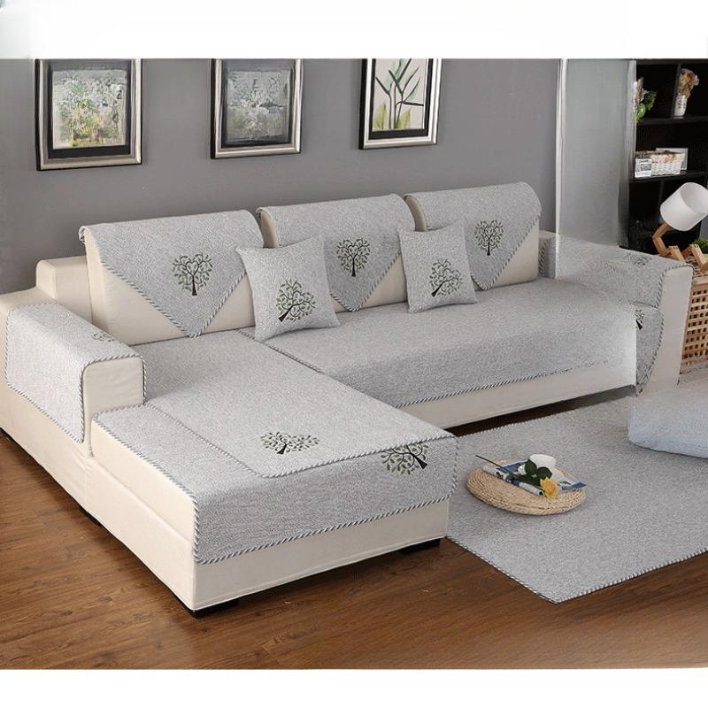 Four Seasons Non-Slip Embroidered Sofa Cushion Cotton Fabric Living Room Universal Linen Thickened Modern Simple Solid Color Sofa Towel