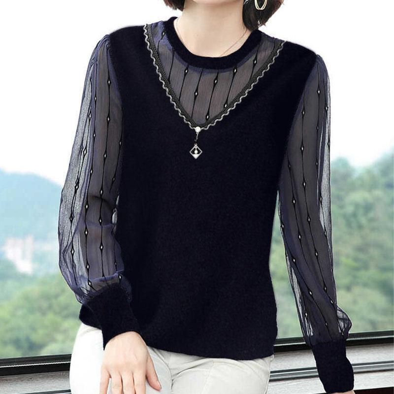 Ny høst-vårstil chiffonskjorte Elegant bluse med rund krage for kvinner Langermet topp genser
