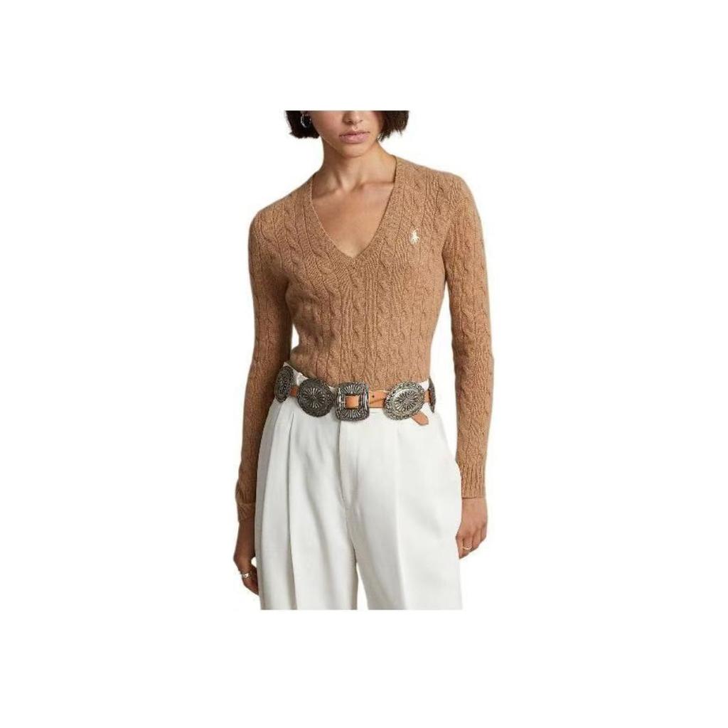 Polo Ralph Lauren SS23 Jednofarebný Pletený sveter s výšivkou malého poníka s výstrihom do V a dlhým rukávom Dámsky sveter Khaki 211570011109