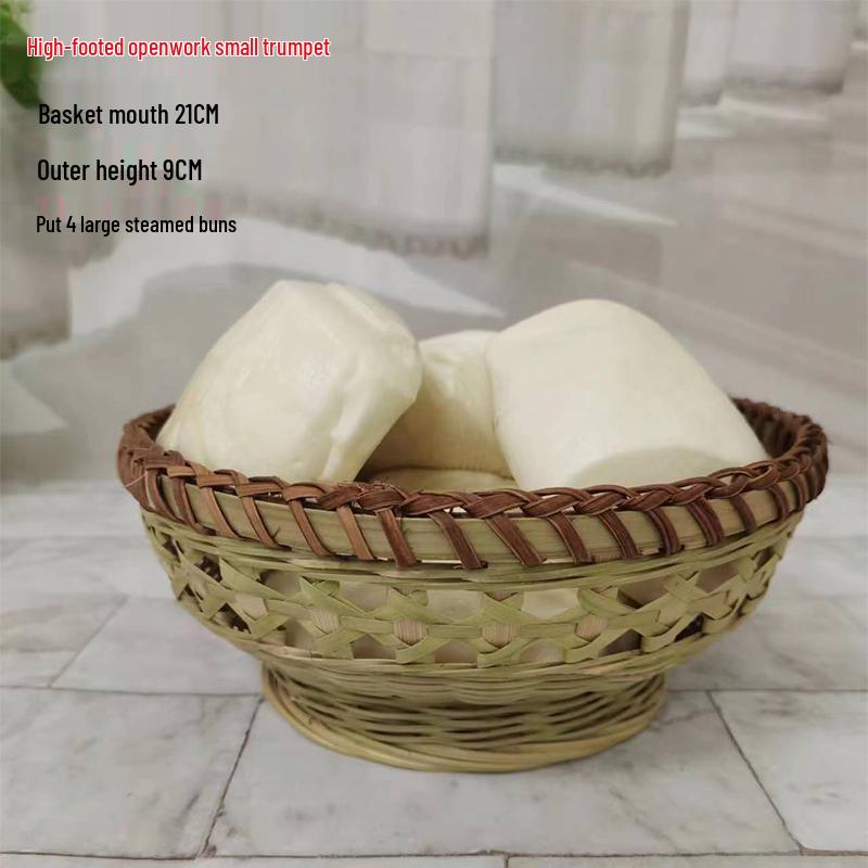 Large Bamboo Rattan High-Foot Steamed Bun & Snack Basket - Finely Woven, Multi-Purpose Household Kitchen Fruit & Vegetable Wash Basket, Round Design